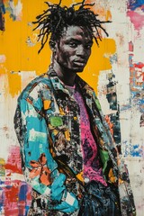 Fototapeta premium Abstract portrait, textured paint, colorful jacket, dreadlocks.