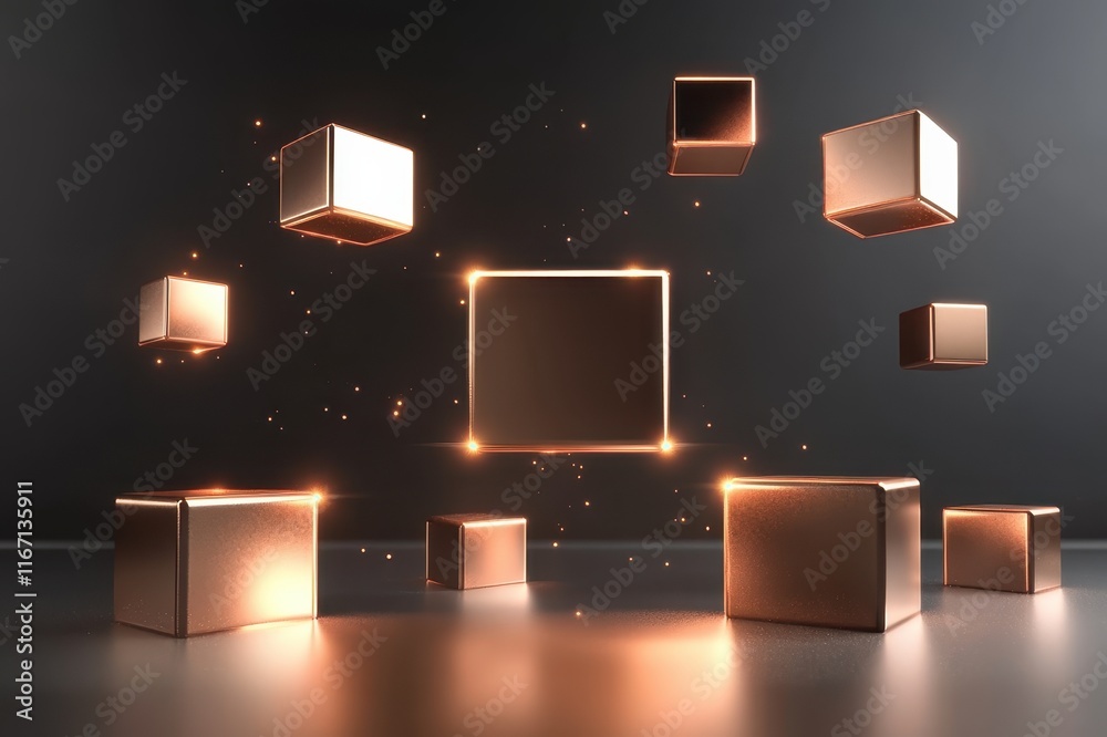 Poster floating metallic cubes assemble in a captivating display of light and shadows in a modern digital e