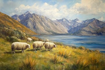 sheep along the mountain range