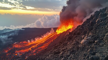 Erupting Volcano with Lava Flow and Dramatic Clouds at Sunset