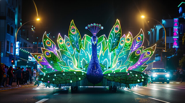 Glowing peacock float with vibrant feathers at Mardi Gras