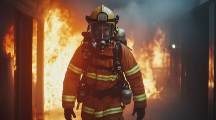 Brave Firefighter Walking Through Fiery Corridor in Emergency Situation