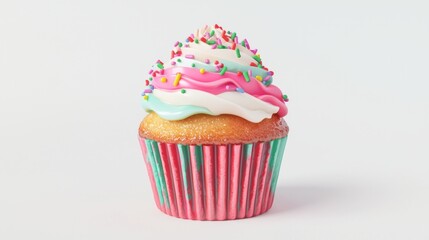 Sweet Y2K Delight - Vibrant 3D Cupcake Icon with Colorful Frosting and Sprinkles on Glossy Finish Isolated on White Background