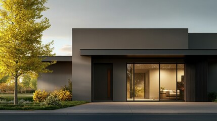 Modern single-story house showcasing minimalist architecture and lush landscaping during golden hour in a suburban setting