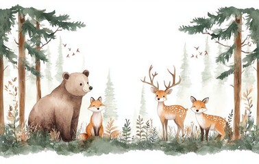 Whimsical Woodland Animals Watercolor Illustration for Baby Shower Birthday Invitations Cute Bear Deer Fox Rabbit Forest