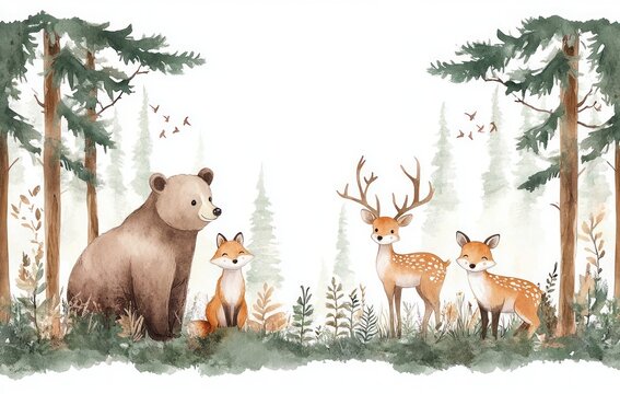 Whimsical Woodland Animals Watercolor Illustration for Baby Shower Birthday Invitations Cute Bear Deer Fox Rabbit Forest