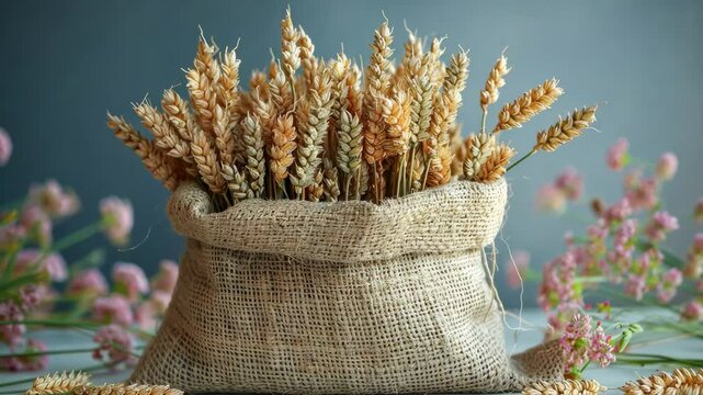 Wheat ears in a burlap sack