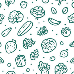 Seamless Pattern of Hand Drawn Vegetables and Fruits Green Line Art Illustration for Textile Design