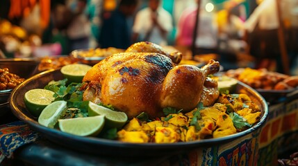 Peruvian Roast Chicken Delights Vibrant Street Market Atmosphere and Flavorful Accompaniments
