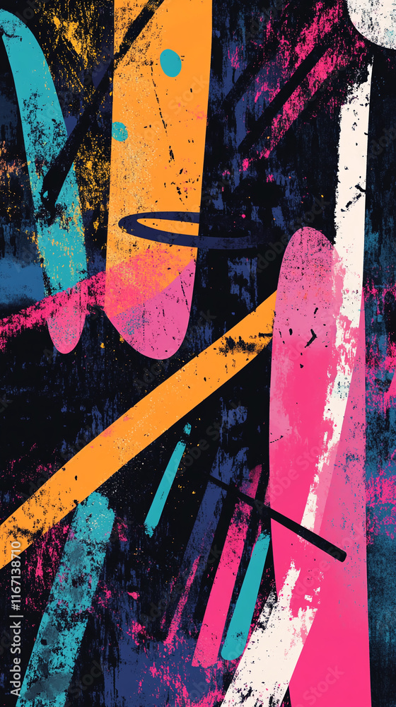 Poster abstract colorful graffiti wall art with vibrant strokes and shapes on a dark background