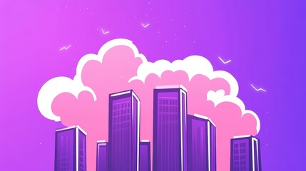 Fototapeta premium Vibrant Cityscape Illustration with Skyscrapers Against a Colorful Purple and Pink Sky, Featuring Stylized Clouds and a Dreamy Atmosphere