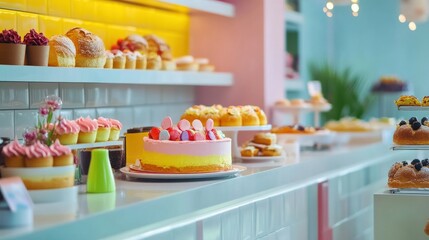 Obraz premium Delicious pastry display at a charming bakery colorful confections bright interior inviting atmosphere culinary delight