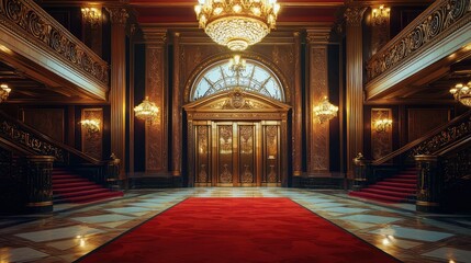 Elegant Grand Entrance Hall with Crystal Chandeliers and Red Carpet