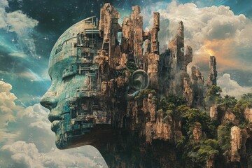Profile view; colossal head, ruined city, lush vegetation.
