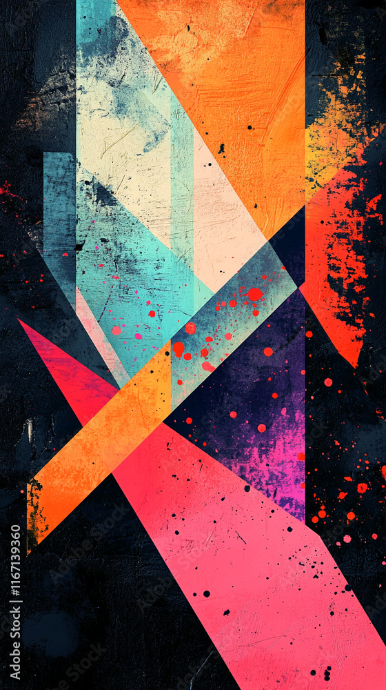 Poster abstract colorful geometric graffiti with vibrant shapes and paint splashes on dark background