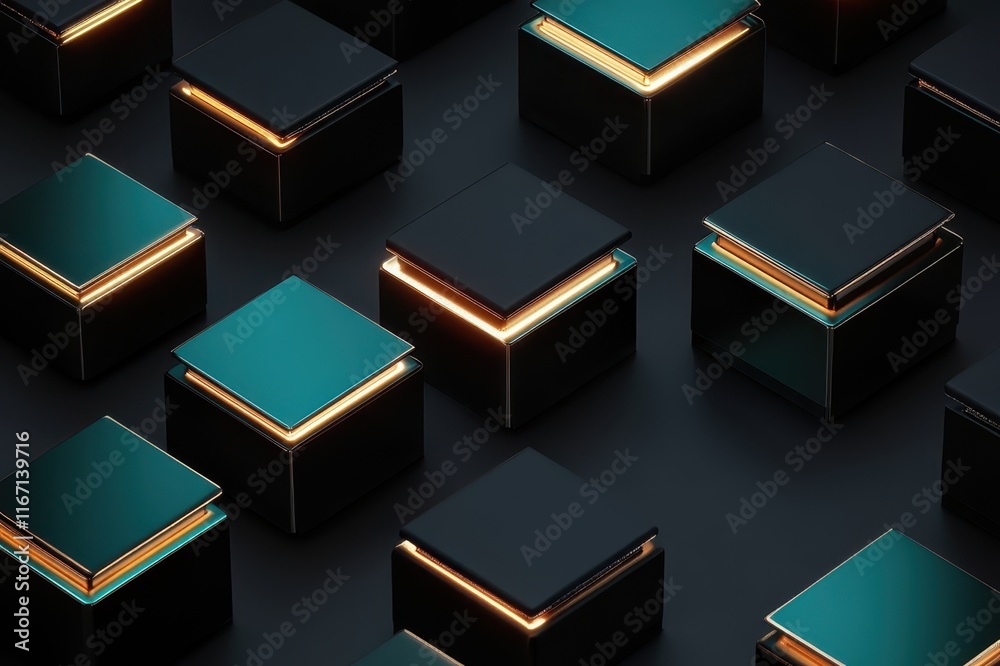 Poster exploration of illuminated geometric forms creating a captivating visual rhythm in a dark environmen
