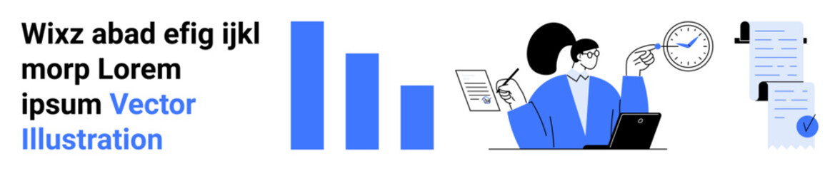 Businesswoman in blue suit pointing towards clock blue bar charts document review laptop pie chart infographic. Ideal for business presentations, reports, websites, infographics, marketing materials