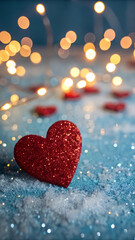 Obraz premium A glittering red heart placed on a sparkling blue surface with bokeh lights. symbolizing love. romance. and celebration in a festive setting.