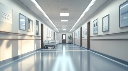Empty hospital corridor with sunlight streaming in, showing clean, bright, and sterile environment with medical beds.
