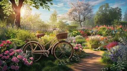 Fototapeta premium A vintage bicycle with a basket rests against a vibrant garden, creating a serene and colorful outdoor scene.
