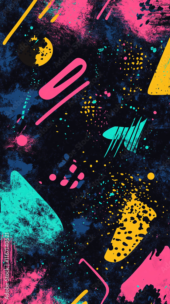Poster Vibrant abstract graffiti art with colorful brush strokes and splatters on dark background