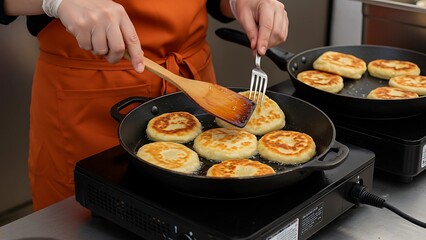 Cooking Flatbreads in Frying Pans with Wooden Spatula and Fork 