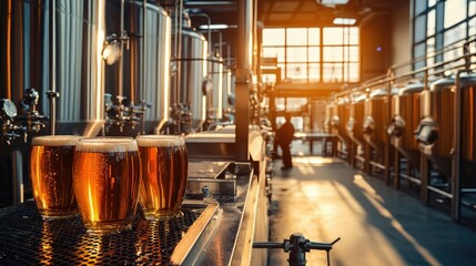 Craft Brewery Interior with Glowing Beer Glasses and Equipment