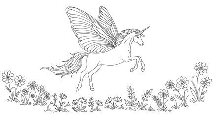Charming mythical unicorn with wings.  Black and white coloring printable fantasy horse.  Beautiful flowers and grass.