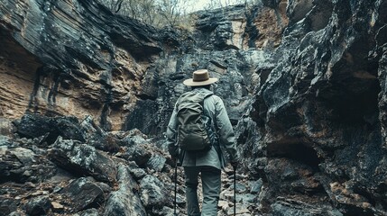Adventurous Hiker Exploring Rocky Canyon Landscape in Nature