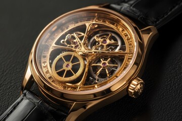 Intricate craftsmanship is showcased in this elegant skeleton watch highlighting fine details and luxurious design elements. Generative AI