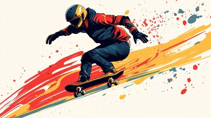 Fototapeta premium Skater in dynamic pose, helmet, colorful background.