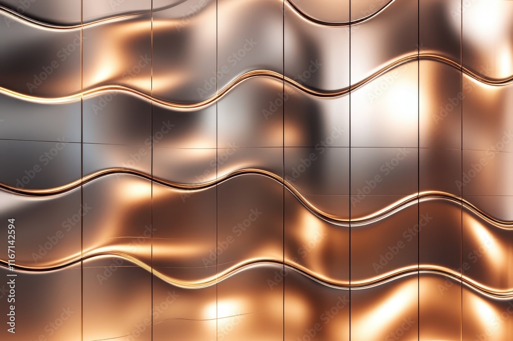 Poster Reflective waves of copper and gold create a mesmerizing texture in an abstract design on urban architecture. Generative AI