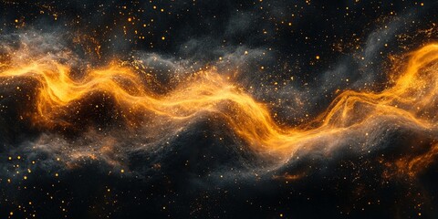 Obraz premium Golden flame on black grainy textured background, abstract blurred orange waves on dark noise texture, copy space, Generative AI