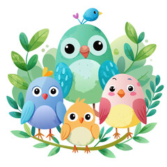 Cute cartoon birds, watercolor vector illustration, printable png