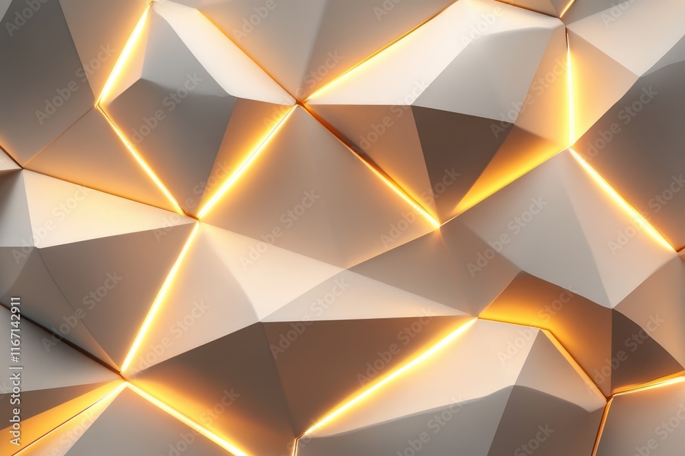 Poster Intricate geometric patterns illuminated with warm light create an enchanting visual experience in modern design settings. Generative AI