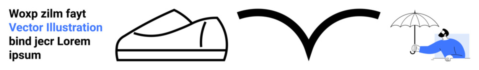 Shoe outline, boomerang shape, figure with umbrella and headphones under rain. Ideal for contemporary design, vector art, illustrations, weather visuals, minimalism art. Landing page