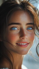 Beautiful woman with blue eyes and freckles smiling softly in natural light
