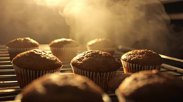 Freshly baked muffins cooling on a wire rack in a warm kitchen filled with golden light