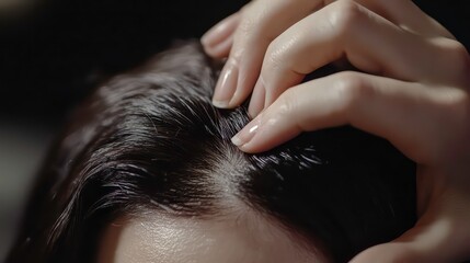 Fototapeta premium Woman's hands parting thinning hair, close-up, neutral color palette