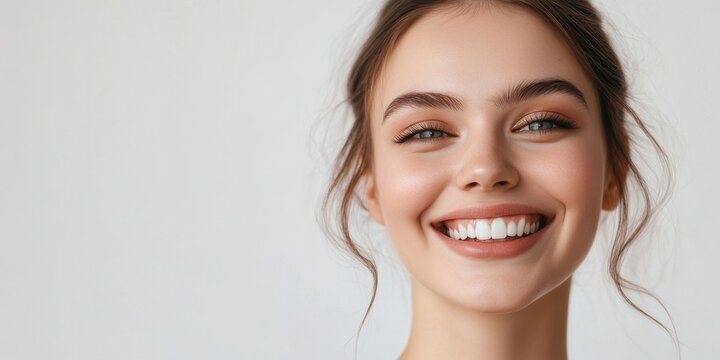 A joyful young woman smiles brightly, showcasing her radiant skin and subtle makeup, emphasizing natural beauty in a soft, neutral setting