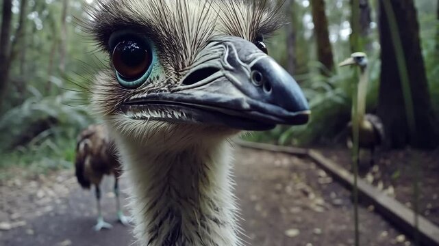 Close encounter with an emu in a lush forest habitat during a sunny afternoon