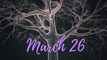 A trunk of gray neural connections with the inscription March 26 in purple tones - a symbol of World Epilepsy Day