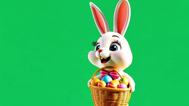 3d animation of the Easter bunny with painted eggs in basket, on green screen background. Cute funny rabbit chroma key 4k video cartoon Happy Easter