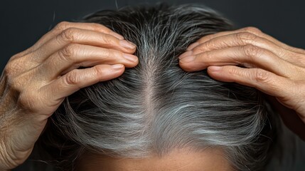 Obraz premium Woman's hands parting thinning hair, close-up, neutral color palette