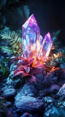 Breathtaking close up view of vibrant amethyst crystal formations sparkling with prismatic light in a magical natural underground setting  This stunning