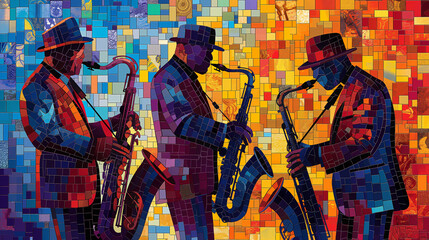 Mosaic-style jazz musicians playing saxophones