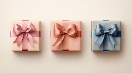 Obraz premium Three square gift boxes with pastel satin ribbons.