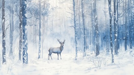 Obraz premium Majestic Deer in a Snowy Forest with Rising Mist