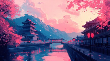 Serene Landscape with Traditional Architecture and Cherry Blossoms at Sunset by Tranquil River