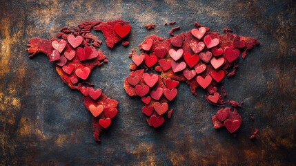 Artistic representation of a world map adorned with red hearts celebrating love and connection...